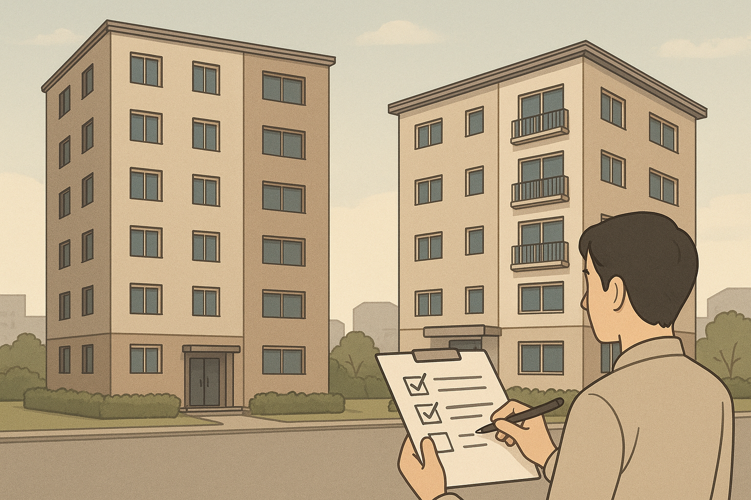 두 임대주택을 비교하며 체크리스트를 살피는 입주 희망자