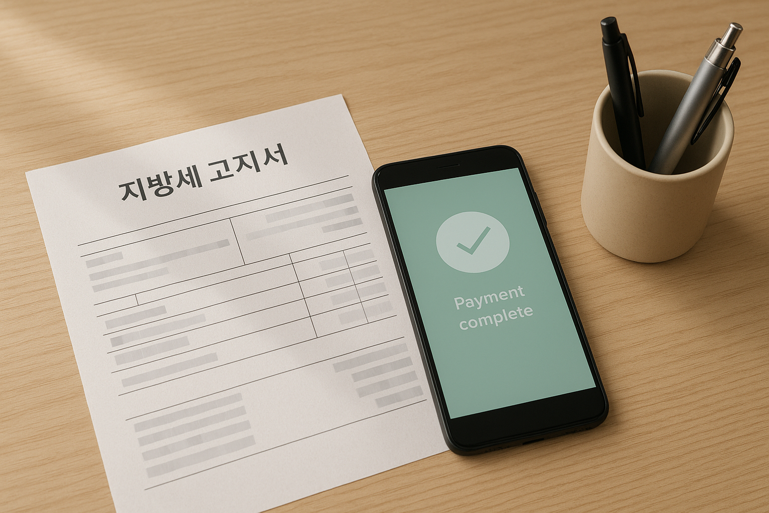 재산세 고지서와 스마트폰 납부 화면을 확인하는 책상