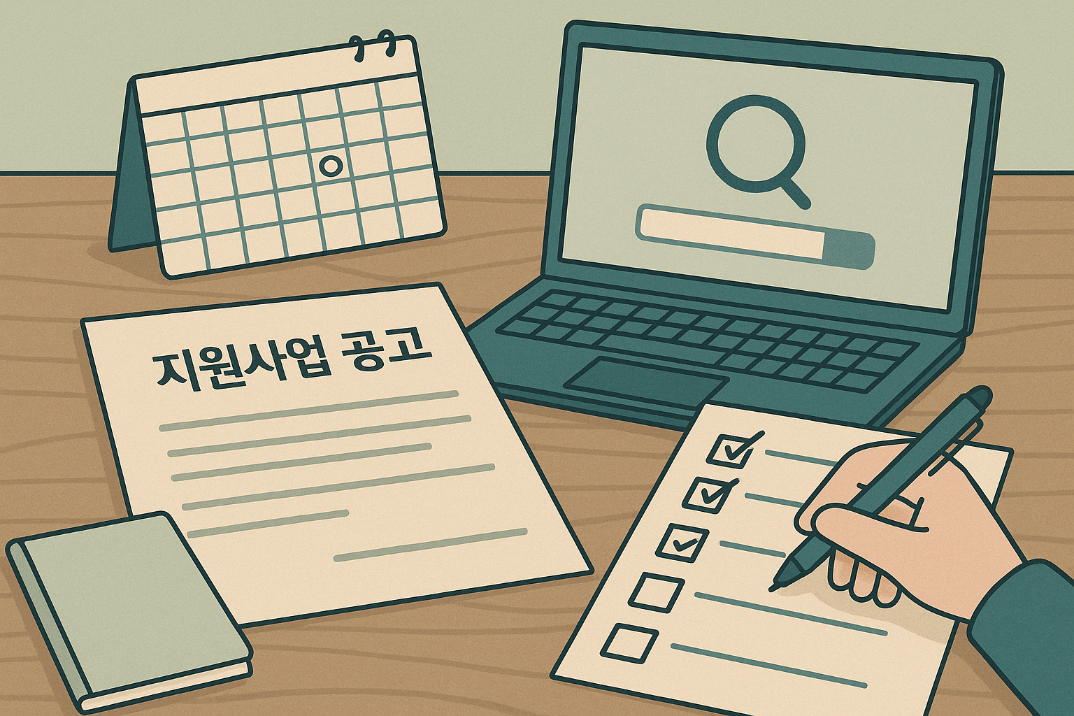 지원사업 공고와 달력을 보며 신청 자격을 확인하는 장면